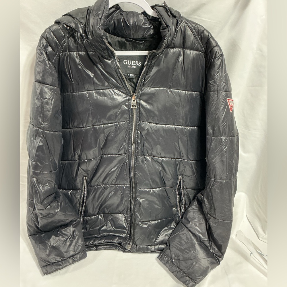 Guess Men's Glossy Black Hooded Puffer Jacket